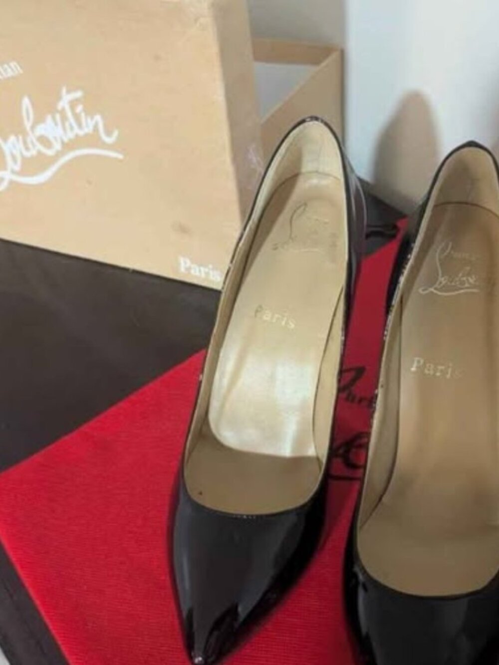 Christian Louboutin Black Patent Leather Pointed-Toe Pumps Size 38 w/ Box